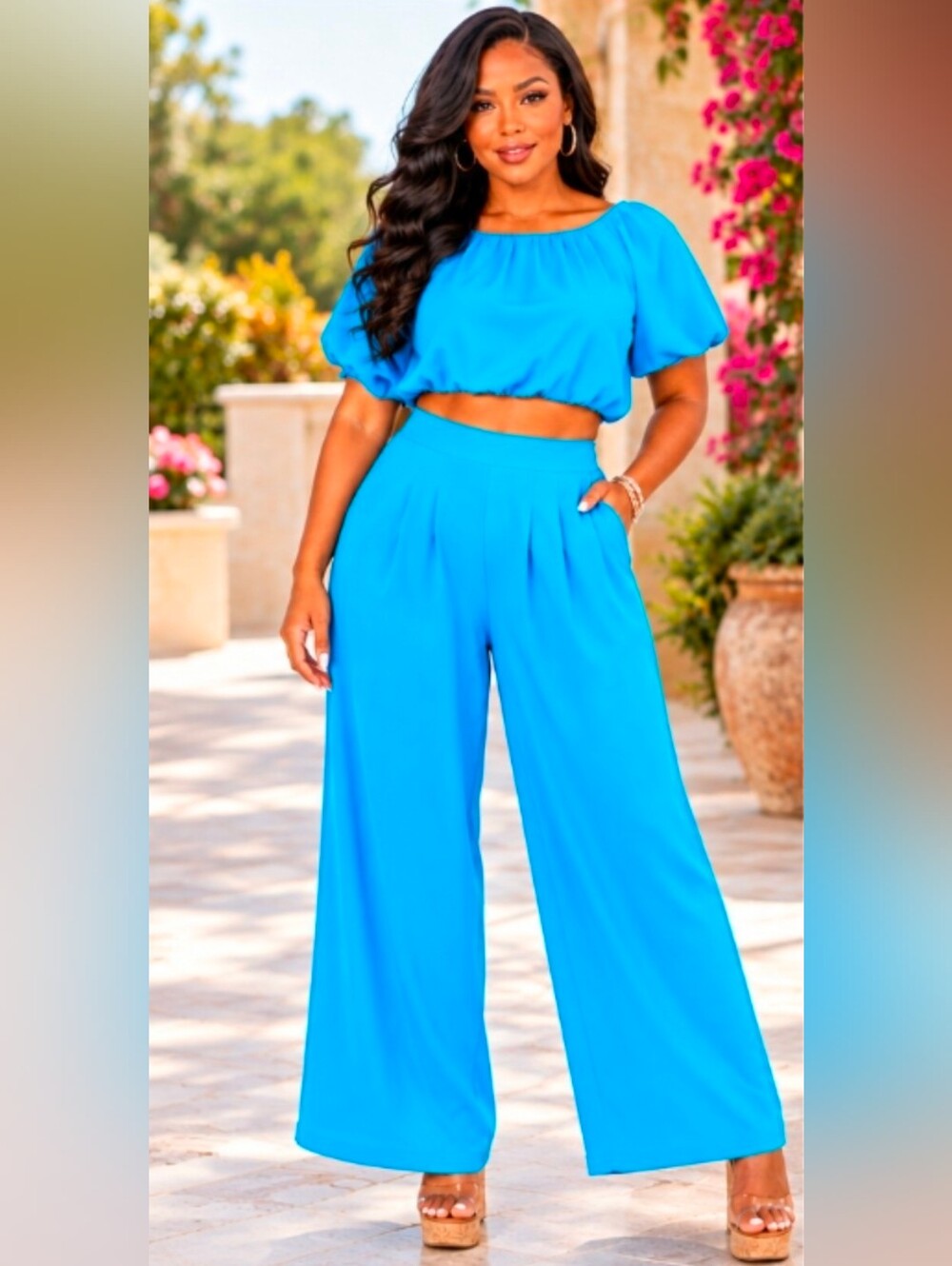 NEW! 2 Pc Cropped Puff Sleeve Top & Wide Leg Pants in Bright Blue, NWT